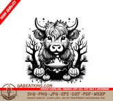 Bull with Pumpkins & Trees Halloween SVG - Monochrome Highland Cow Illustration SVG